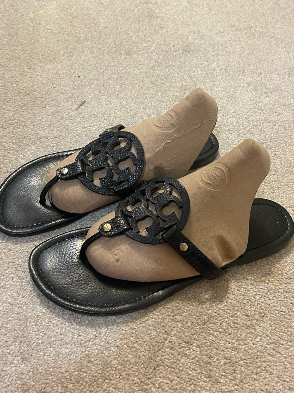 Tory Burch Black Leather Cutout Logo Thong Sandals